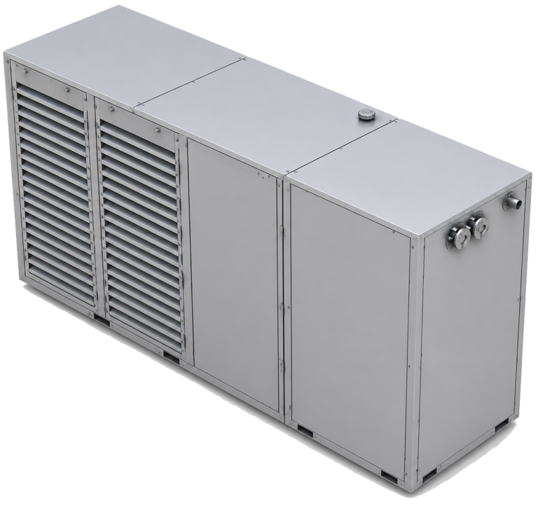 Industrial chiller package with enclosed cooling unit, ventilation louvers, and process connections for gas processing refrigeration systems.
