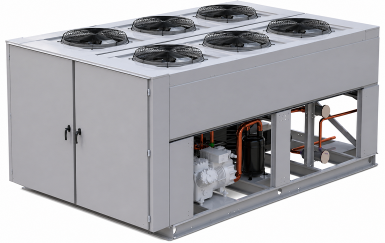 Industrial chiller package with multiple cooling fans, compressor components, copper piping, and skid-mounted refrigeration equipment.