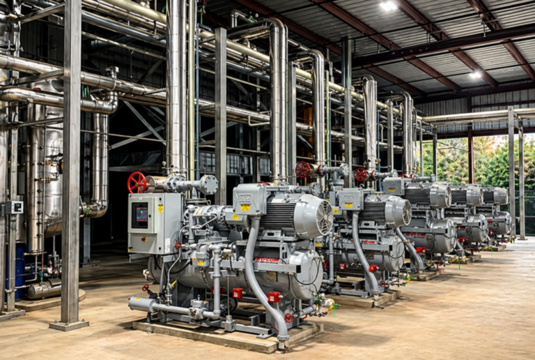 Custom compressor packages with motors, piping, controls, and vertical process equipment for gas processing and industrial compression applications.