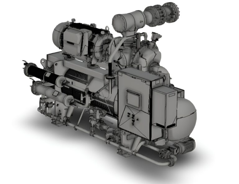 3D model of a custom compressor package with piping, controls, cooling components, and integrated gas processing equipment.