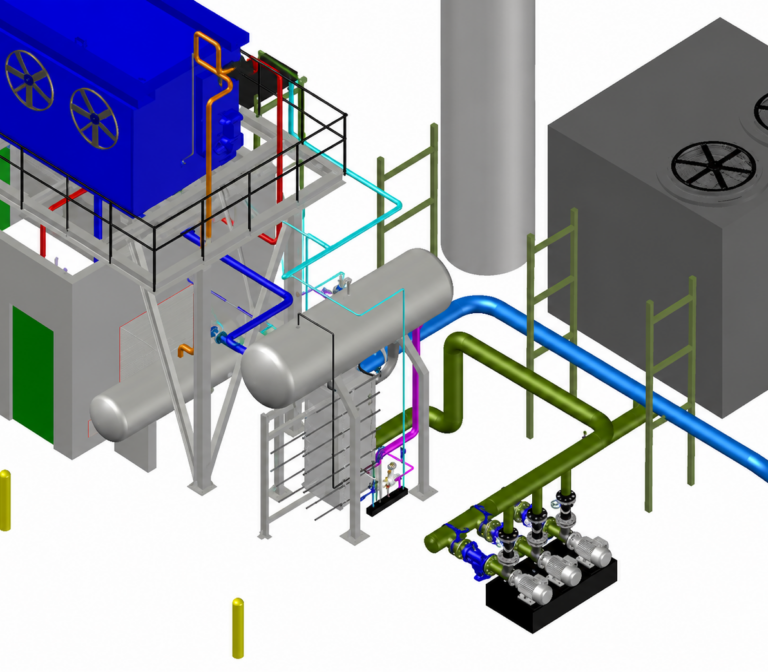 3D engineering model of a gas processing system with piping, vessels, pumps, cooling equipment, and packaged process skids.
