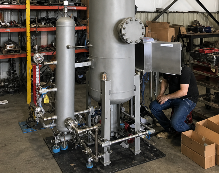 Technician inspecting refurbished gas processing equipment with vessels, piping, instrumentation, and skid-mounted process components.