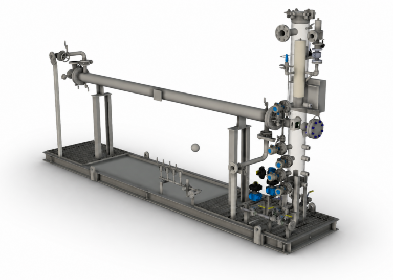 3D model of a gas conditioning skid with process piping, valves, instrumentation, and filtration equipment for downstream gas processing.