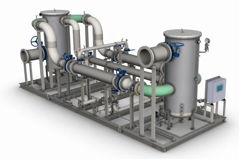 3D model of a gas conditioning package with vessels, piping, valves, and skid-mounted process equipment for reliable gas processing.