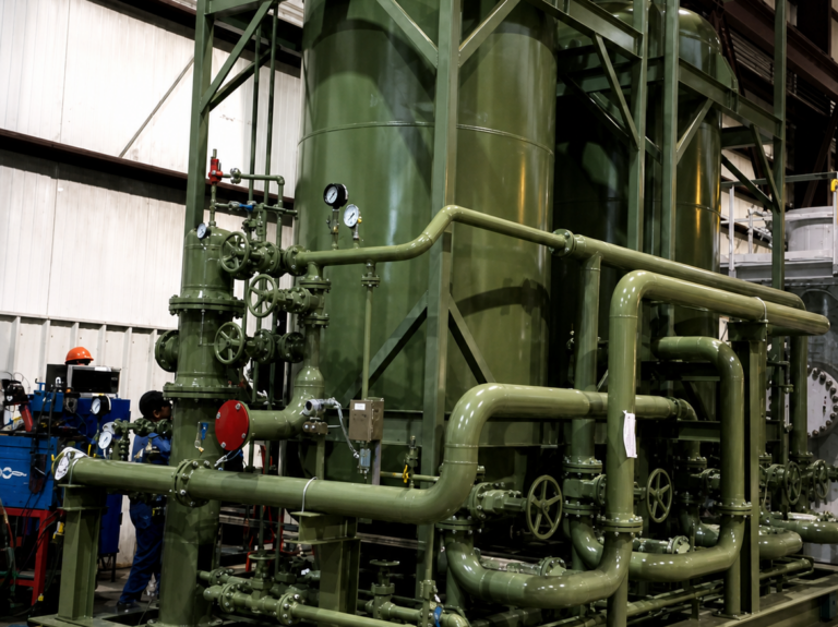 Industrial gas conditioning system with vessels, piping, valves, and instrumentation for CO₂, biogas, methane, and process gas applications.