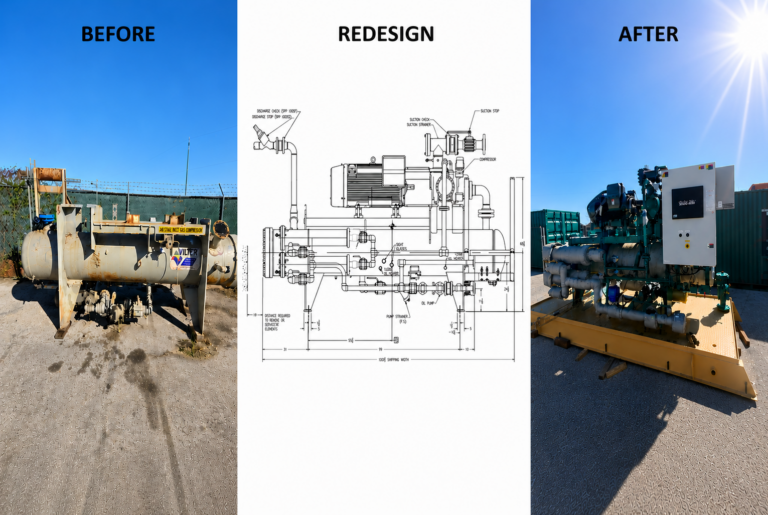Before, redesign, and after comparison of a restored compressor package for refurbished gas processing equipment.