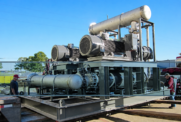 Skid-mounted compressor package with integrated piping, cooling, electrical systems, and controls for gas processing.